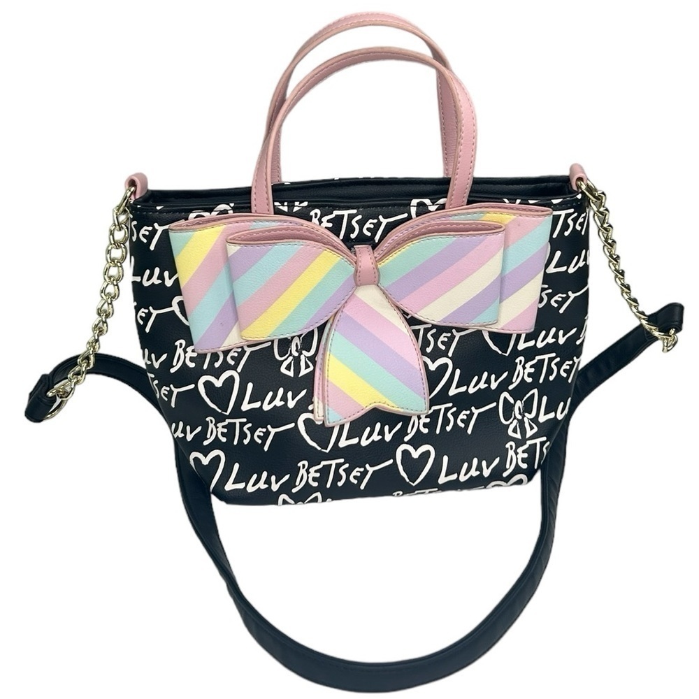 LUV BETSEY Betsey Johnson Rainbow Bow Tote Crossbody Bag Purse Pink Stars Hearts